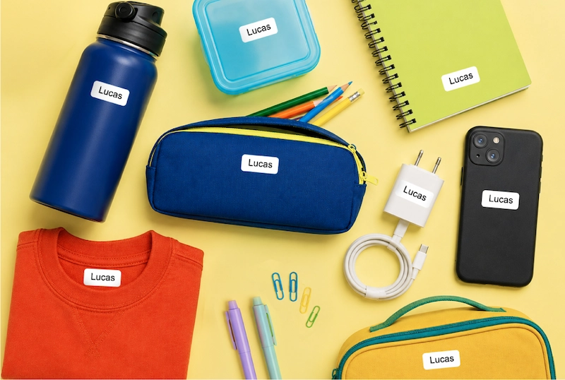 Zwart-wit gepersonaliseerd naamlabel op kleding en alledaagse spullen