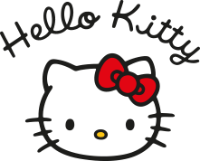 Hello Kitty logo met hierboven geschreven Hello Kitty, op een roze achtergrond